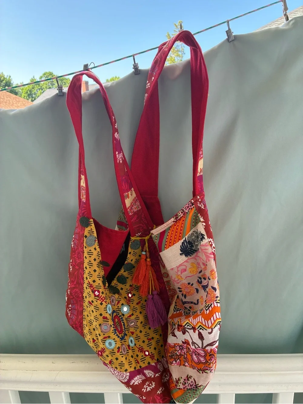 Boho Embroidered Tassel Shoulder Bag in Mustard & Red NEW